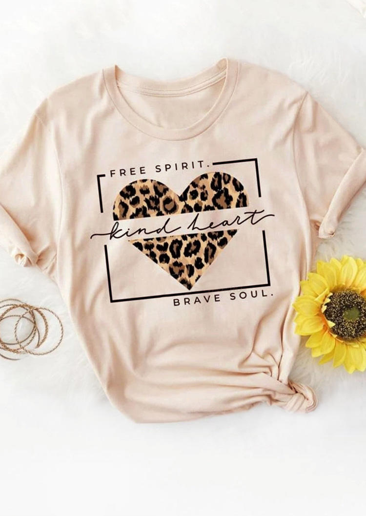 

Free Spirit Kind Heart Brave Soul Leopard T-Shirt Tee - Apricot, 510246