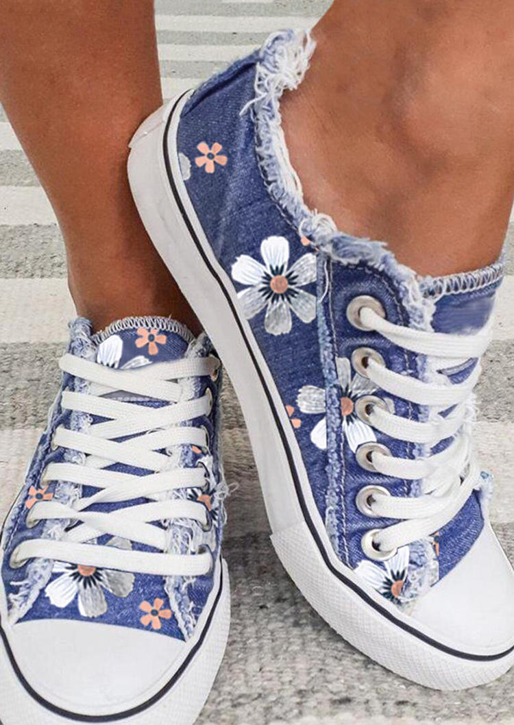 Floral Frayed Hem Lace Up Canvas Sneakers - Blue