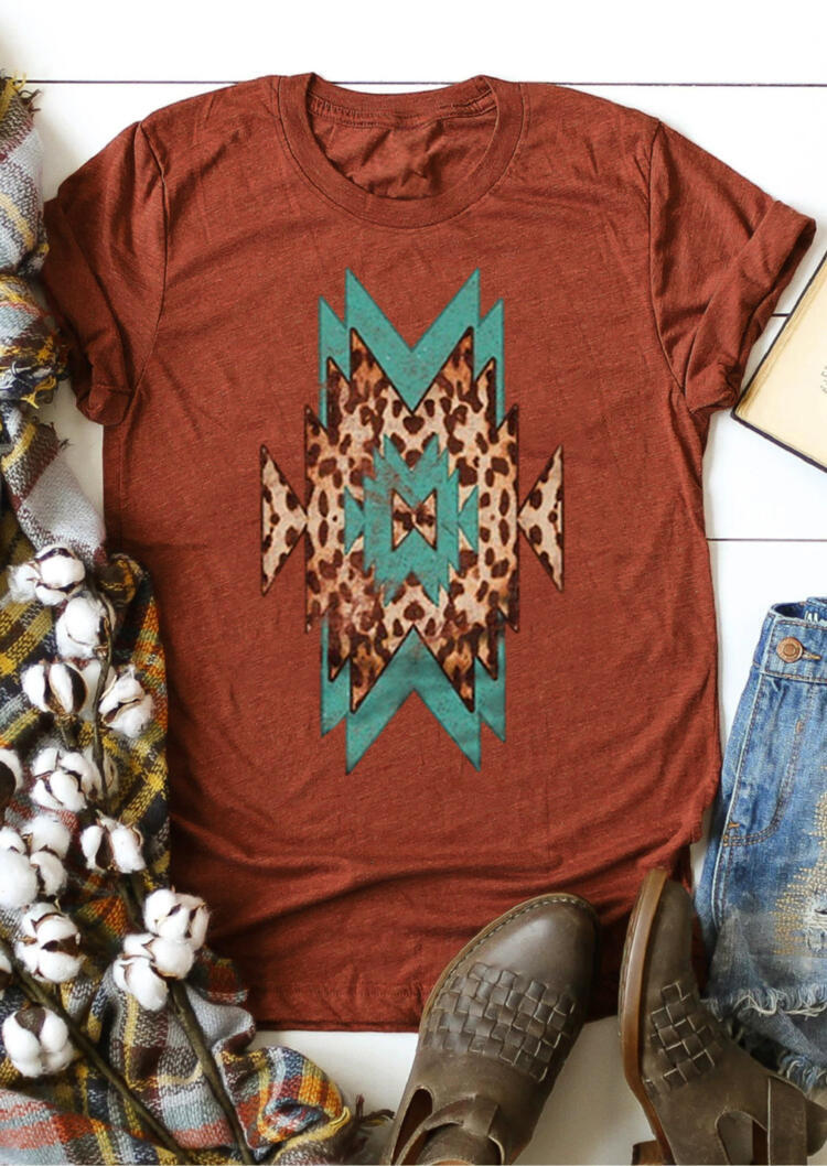 

Leopard Aztec Geometric T-Shirt Tee - Brick Red, 508654