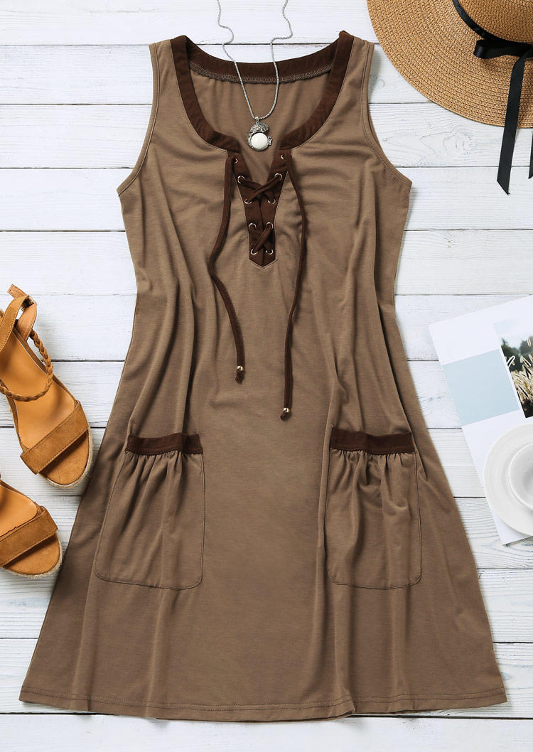 Lace Up Pocket Sleeveless Mini Dress - Khaki