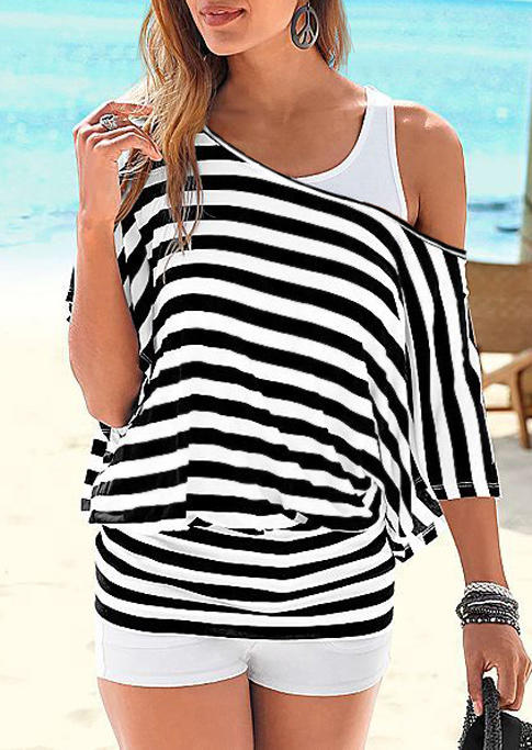 

Striped Off Shoulder Batwing Sleeve Blouse without White Tank, Stripe, 510096