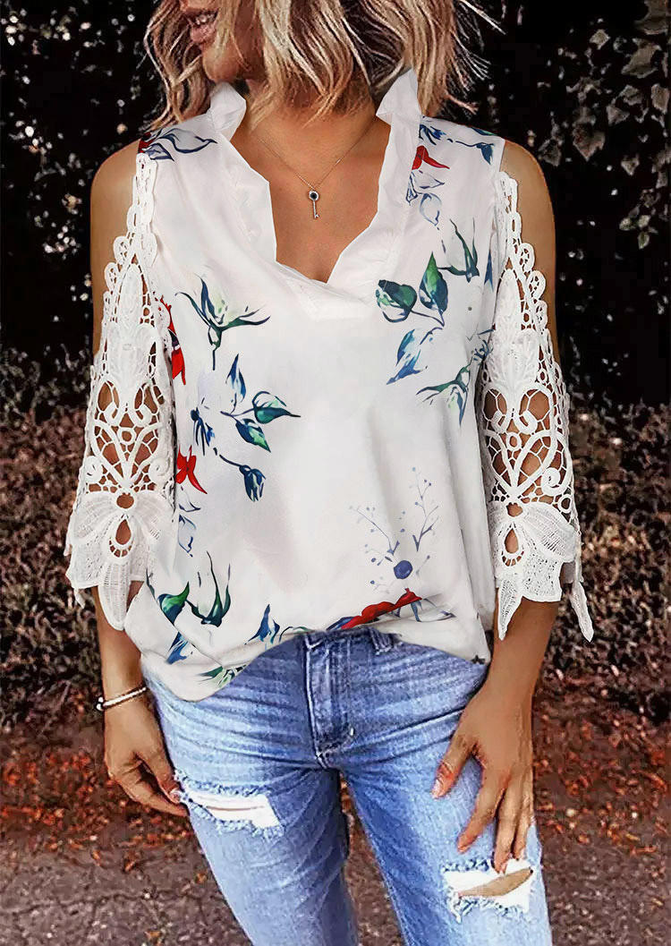 

Floral Lace Splicing Ruffled Cold Shoulder Blouse - White, 510102