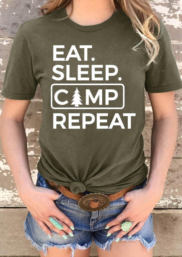 

Eat Sleep Camp Repeat T-Shirt Tee - Army Green, 510248