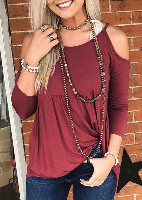 

Ruffled Cold Shoulder O-Neck Blouse - Brick Red, 510254