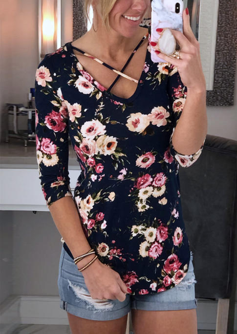 

Criss-Cross Floral Casual Blouse - Navy Blue, 510311