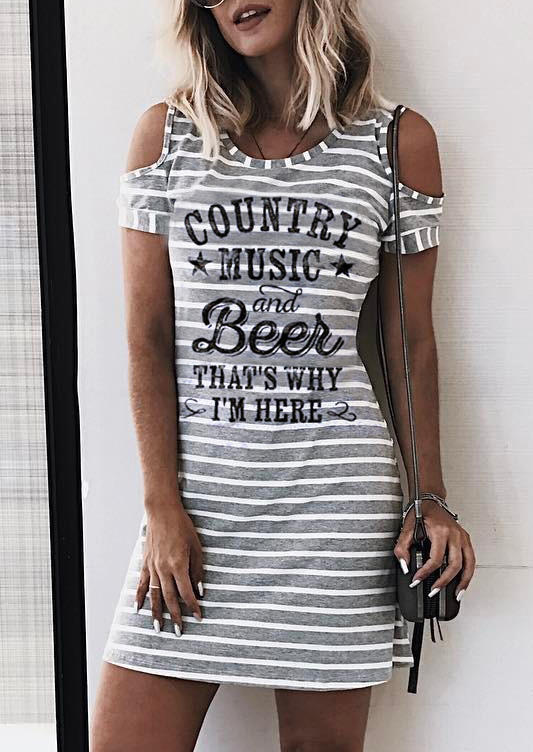 

Striped Country Music And Beer Cold Shoulder Mini Dress - Gray, 510313