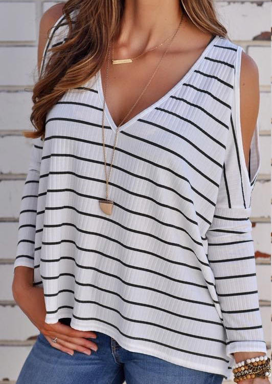 

Striped V-Neck Cold Shoulder Blouse - White, 510320
