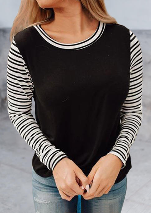 

Striped Splicing O-Neck Long Sleeve Blouse - Black, 510325