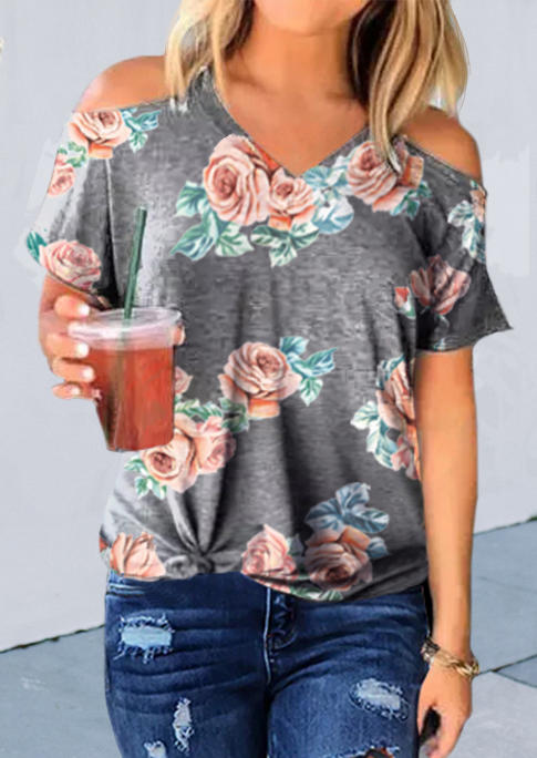 

Floral V-Neck Cold Shoulder Blouse - Gray, 508177