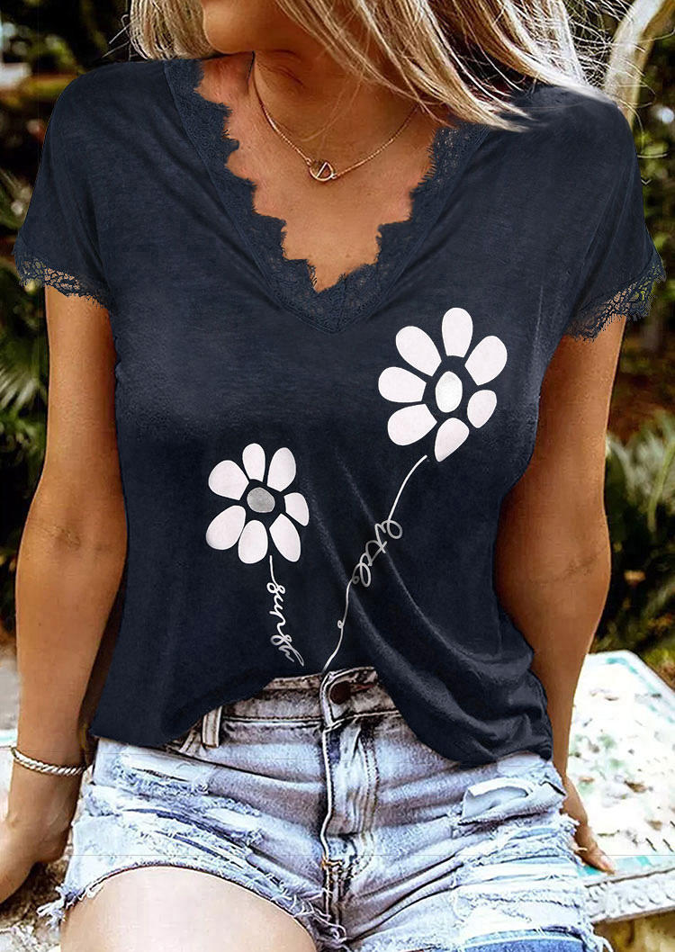 

Lace Floral Splicing V-Neck Blouse - Deep Blue, 508260