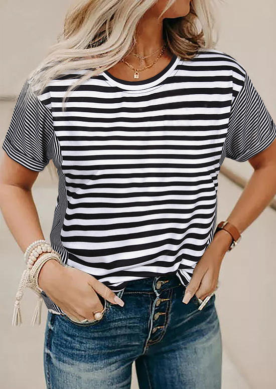 

Striped O-Neck Short Sleeve Casual Blouse - White, 509718