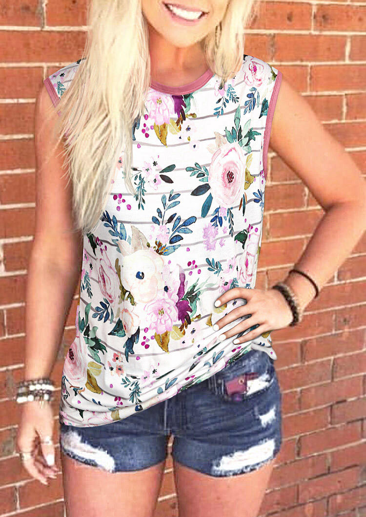 

Floral Striped O-Neck Casual Tank - White, 509763