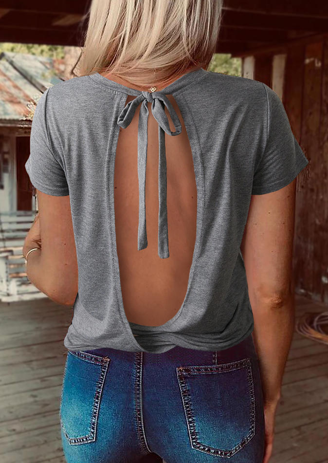 

Tie Hollow Out Open Back Short Sleeve Blouse - Gray, 509782