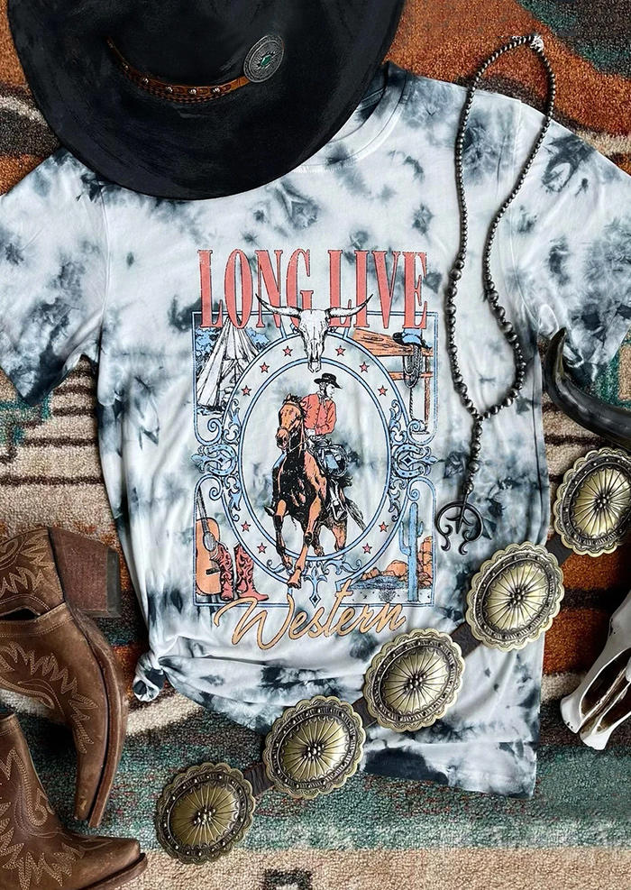 

Tie Dye Long Live Western Cowboy T-Shirt Tee - Gray, 509892