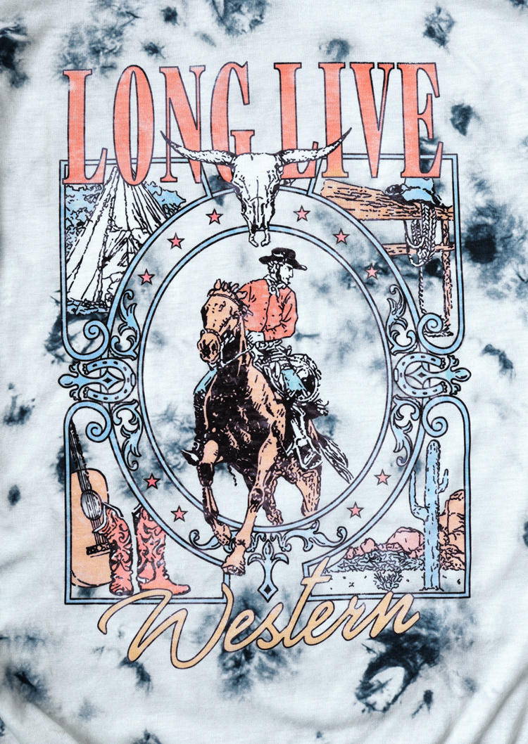 Tie Dye Long Live Western Cowboy T-Shirt Tee - Gray
