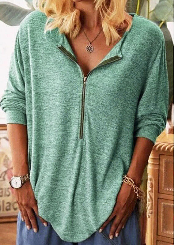 

Zipper Collar Three Quarter Sleeve Blouse - Green, 510115