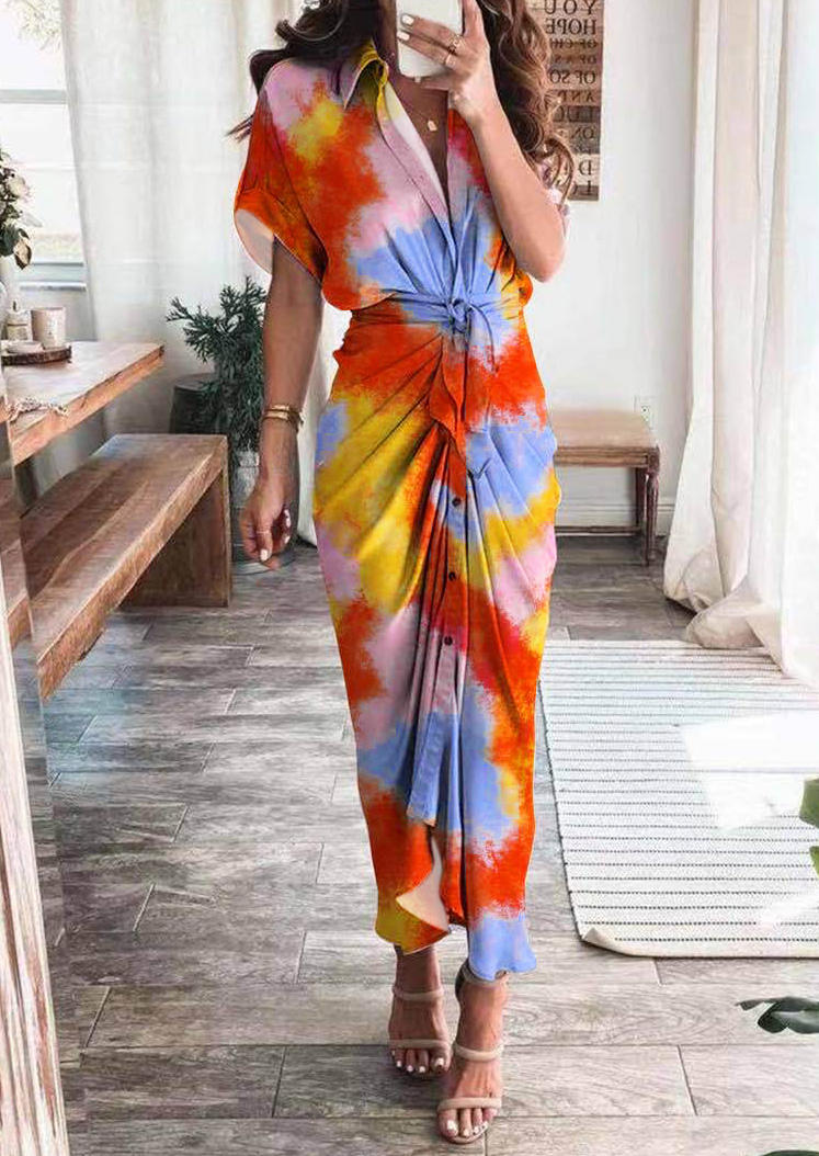 

Tie Dye Button Ruffled Turn-Down Collar Maxi Dress, Multicolor, 510185