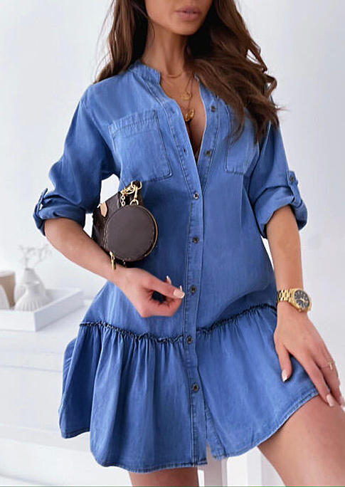 

Pocket Button Ruffled Mini Dress - Blue, 510205