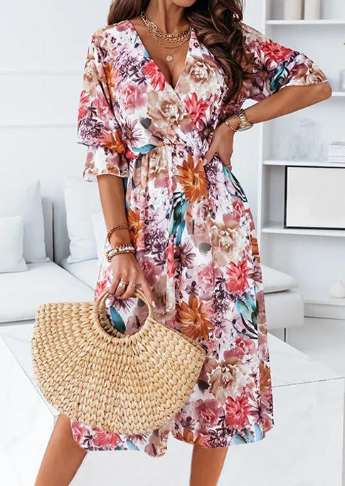 

Floral Wrap Elastic Cuff V-Neck Midi Dress, Multicolor, 510214
