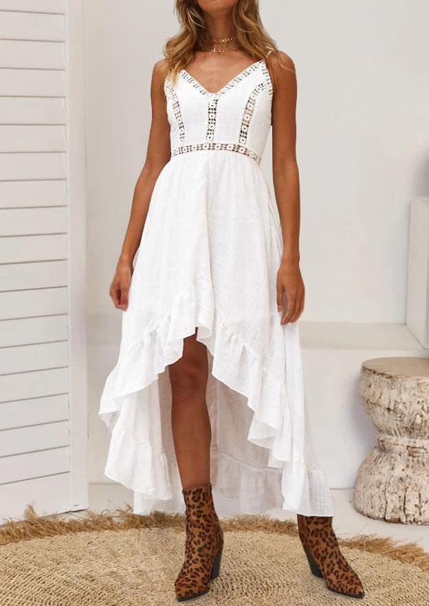 

Hollow Out Ruffled V-Neck Asymmetric Maxi Dress - White, 510229