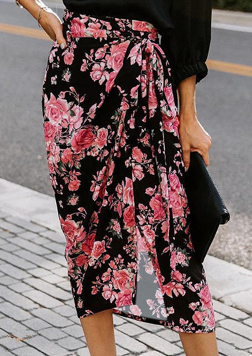 

Rose Floral Tie Slit Long Skirt - Black, 510233