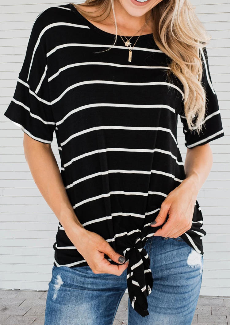 

Criss-Cross Tie Striped Drop Shoulder Blouse - Black, 510241