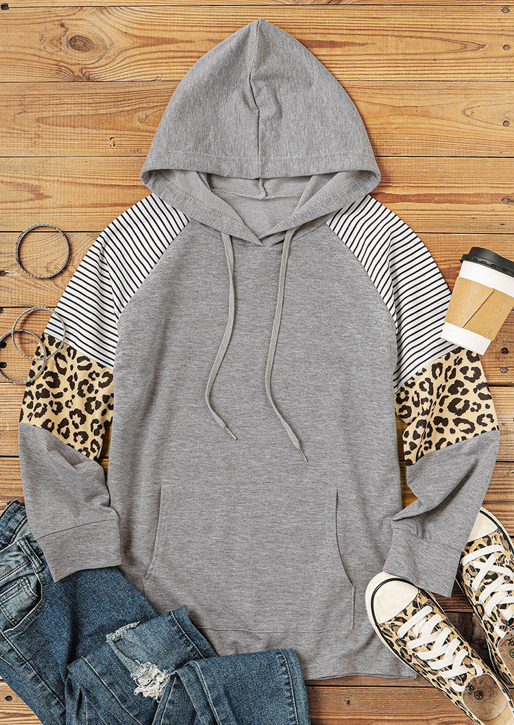 Striped Leopard Splicing Kangaroo Pocket Hoodie - Gray