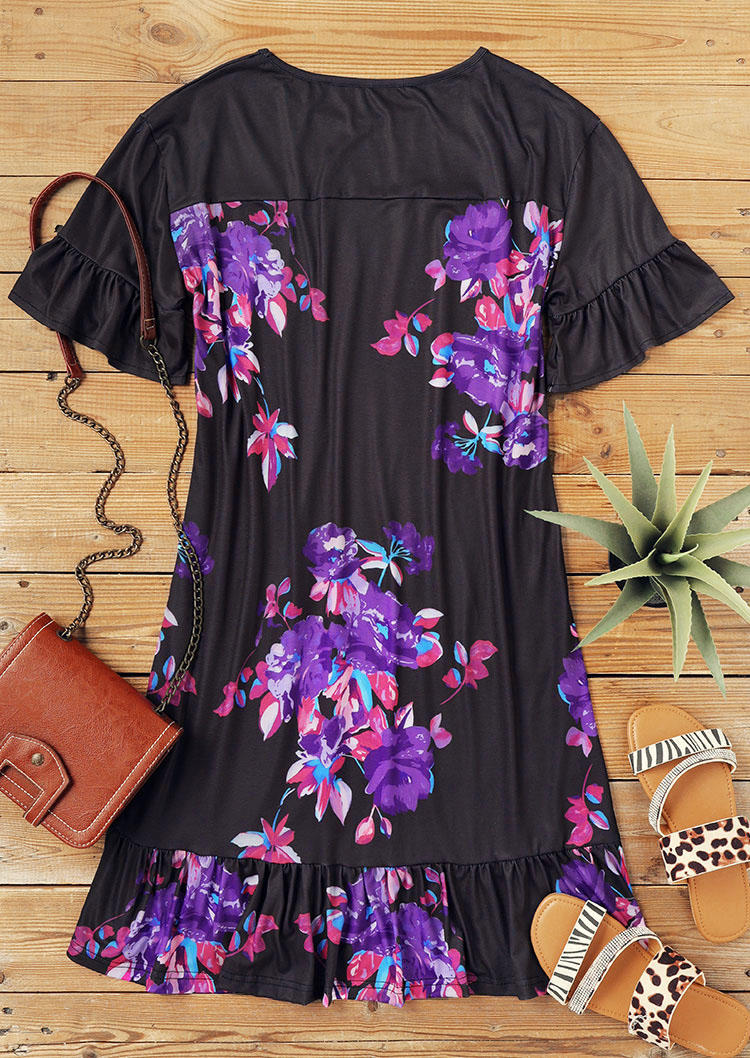 Floral Ruffled O-Neck  Mini Dress - Black