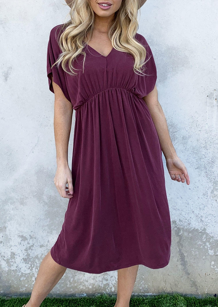 

Ruffled V-Neck Short Sleeve Midi Dress - Plum, 510276