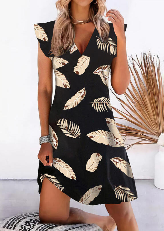 

Palm Leaf Cap Sleeve V-Neck Mini Dress - Black, 510501