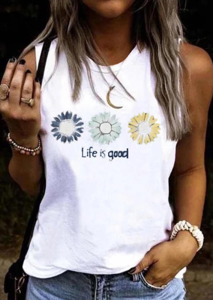 

Daisy Life Is Good Crew Neck Sleeveless Tank, White, FZ001163