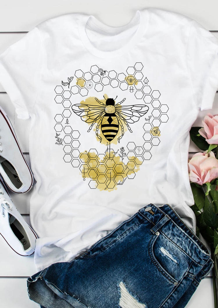 

Bee Short Sleeve Casual T-Shirt Tee - White, 509571