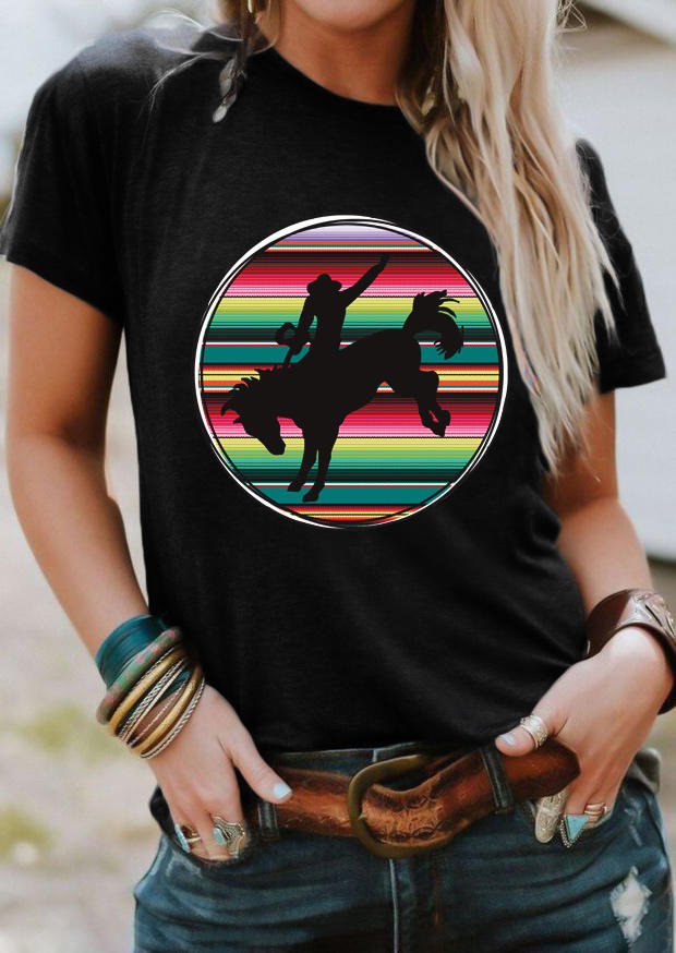 

Serape Striped Cowboy O-Neck T-Shirt Tee - Black, 509925