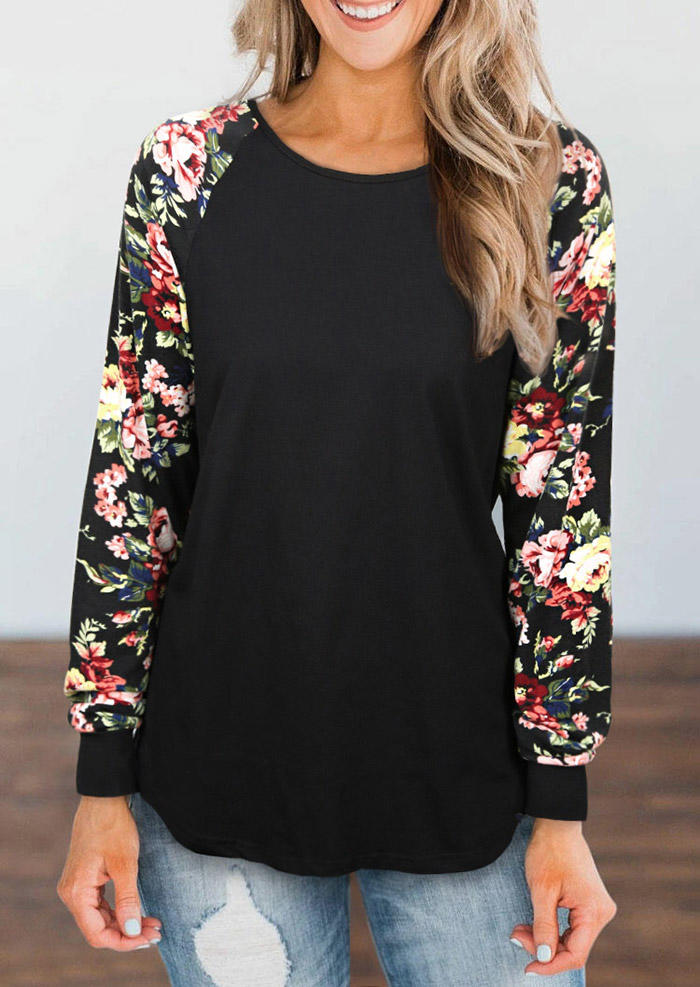 

Floral Raglan Sleeve O-Neck Loose Blouse - Black, 510221