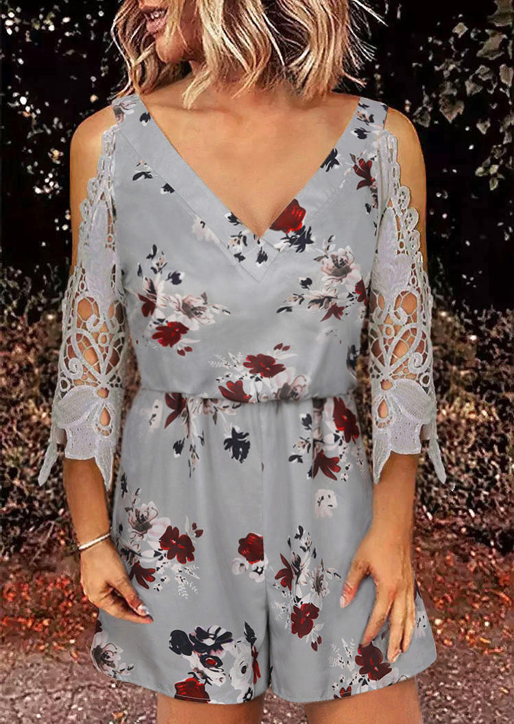 

Floral Lace Splicing Cold Shoulder V-Neck Romper - Gray, 510247