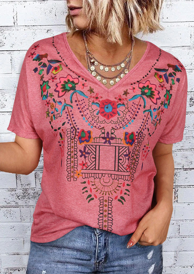 

Floral Short Sleeve V-Neck T-Shirt Tee - Peach Red, 510258