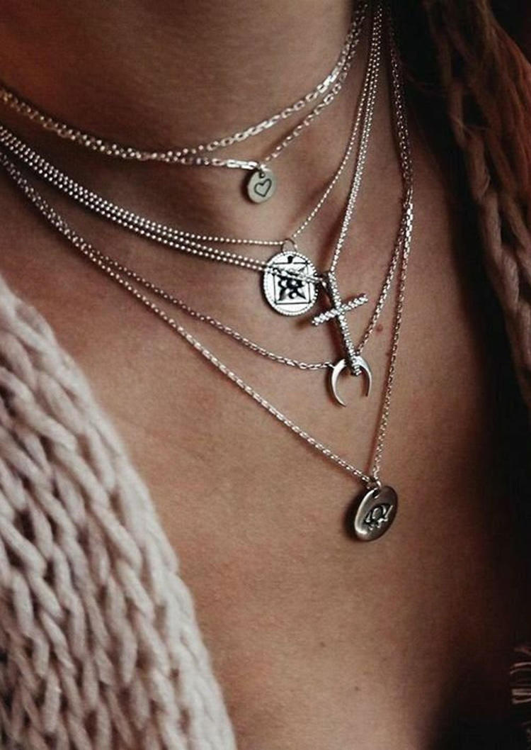 

Heart Cross Moon Eye Multi-Layered Necklace, Silver, 510318