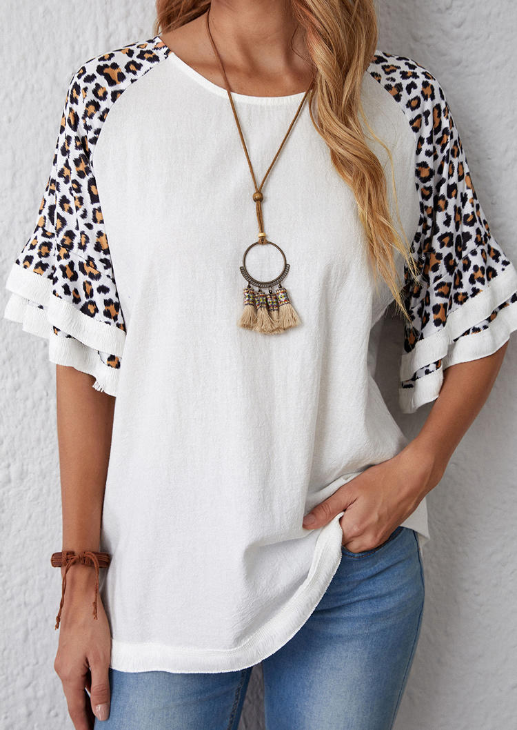 

Leopard Short Sleeve O-Neck Blouse - White, 510392