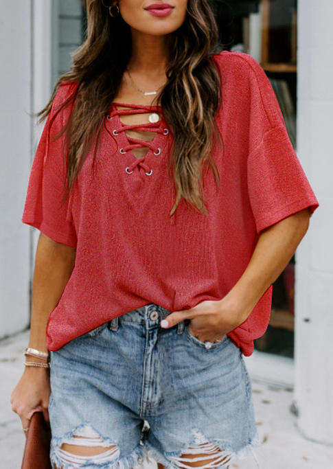 

Lace Up V-Neck Loose Blouse - Brick Red, 510414