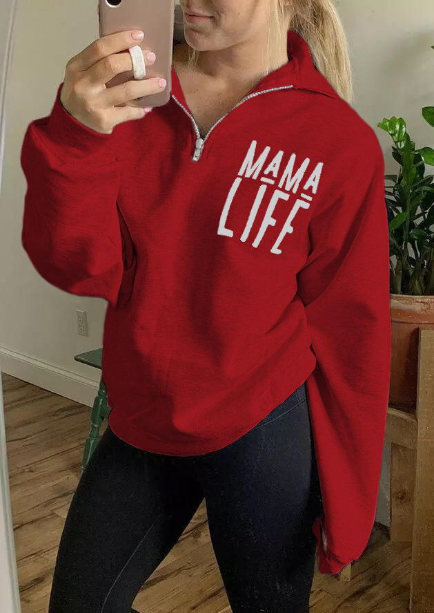 

Mama Life Zipper Turn-down Collar Sweatshirt - Red, 510478