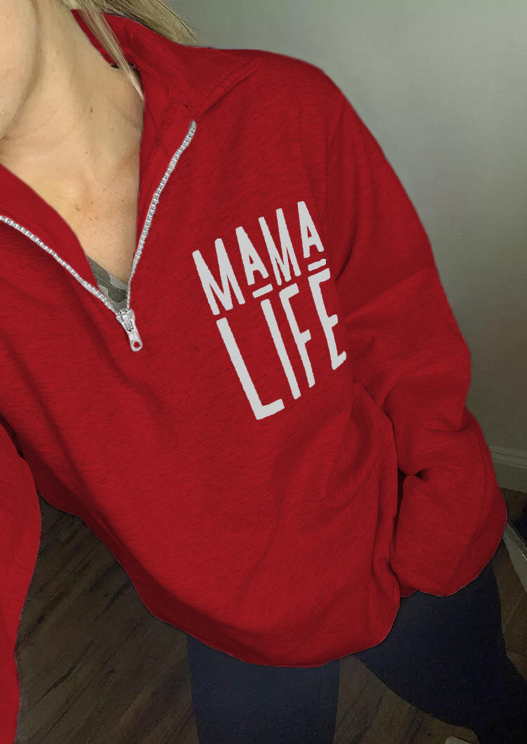Mama Life Zipper Turn-down Collar Sweatshirt - Red