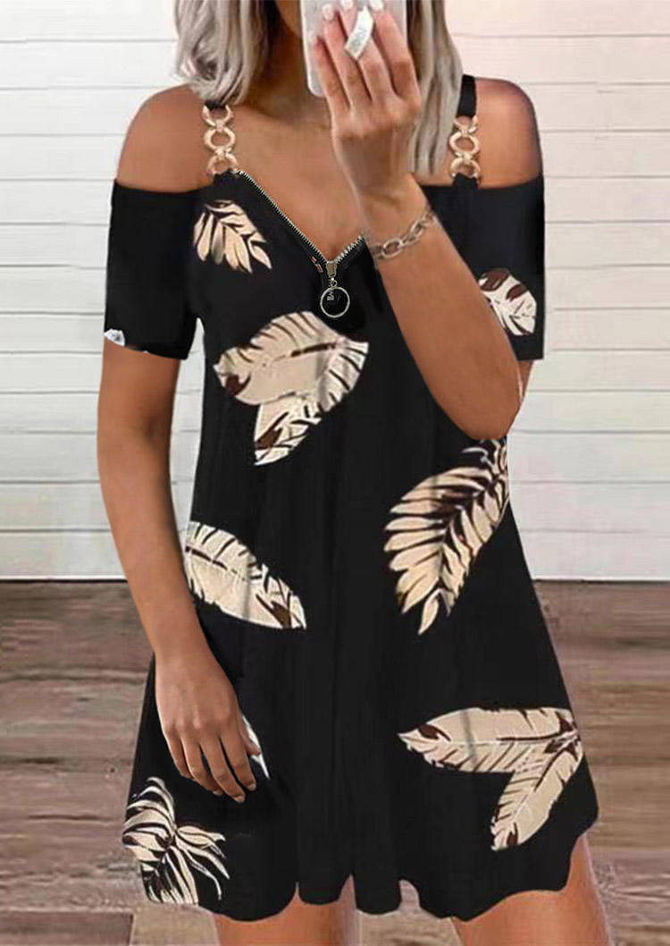 

Palm Leaf Zipper Cold Shoulder Mini Dress - Black, 510609