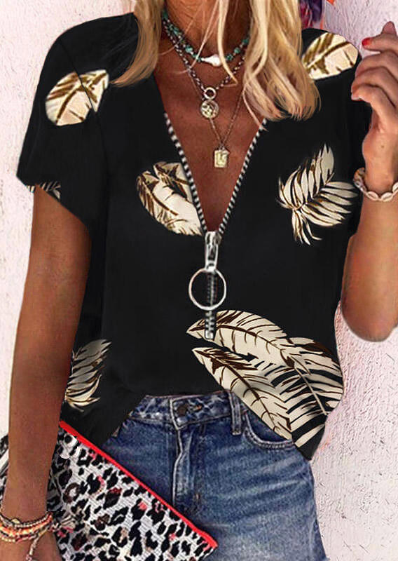 

Palm Leaf Zipper Collar Casual Blouse - Black, 509940