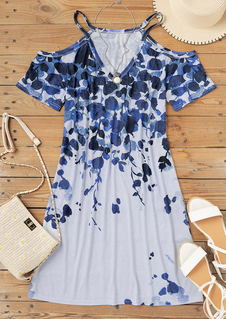 Floral Cold Shoulder V-Neck Mini Dress - Light Grey