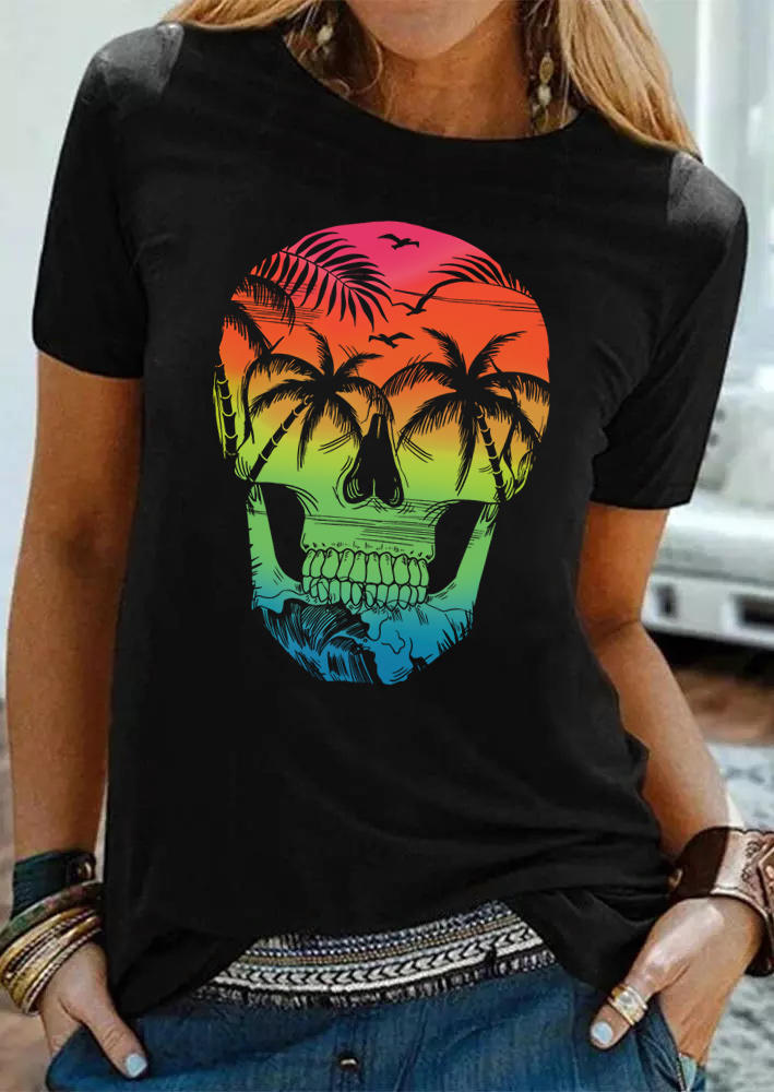 

Palm Tree Skull O-Neck T-Shirt Tee - Black, 510218