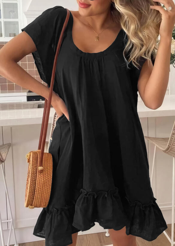 

Ruffled Short Sleeve Mini Dress - Black, 510338