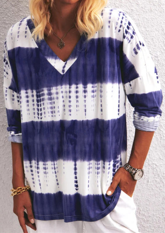 

Tie Dye Color Block Striped V-Neck Blouse, White, 510464