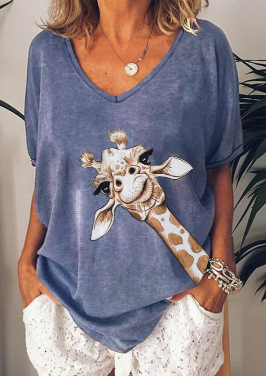 

Giraffe V-Neck Loose T-Shirt Tee - Blue, 510477