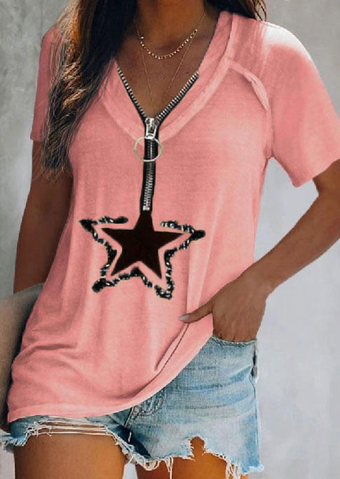 

Star Zipper Collar Casual Blouse - Pink, 510509