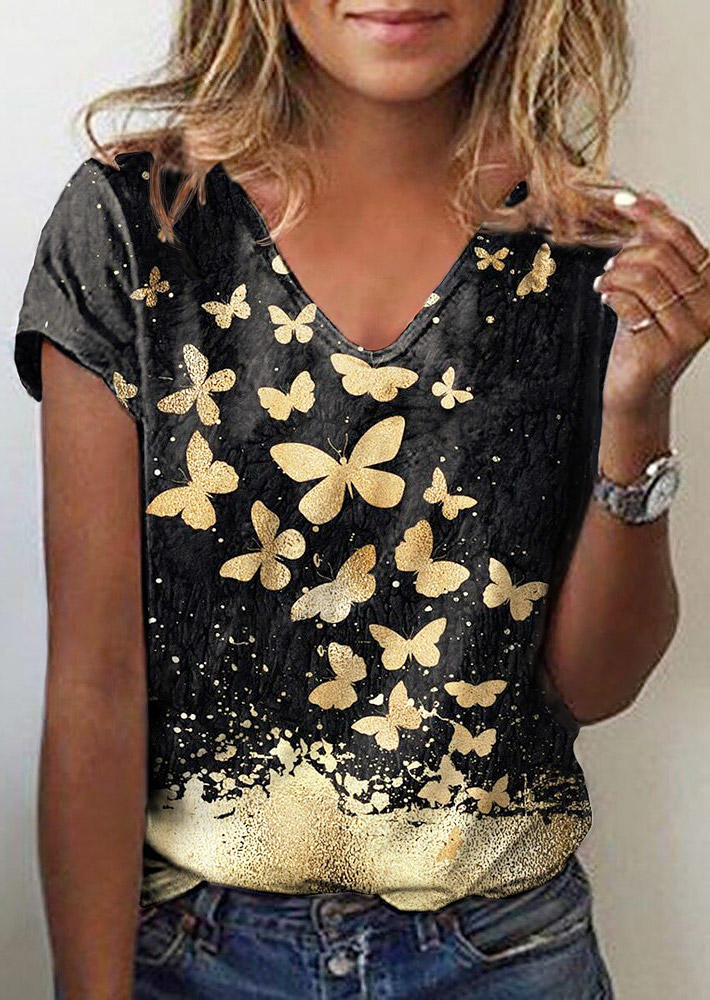 

Butterfly Short Sleeve Casual Blouse - Black, 510523